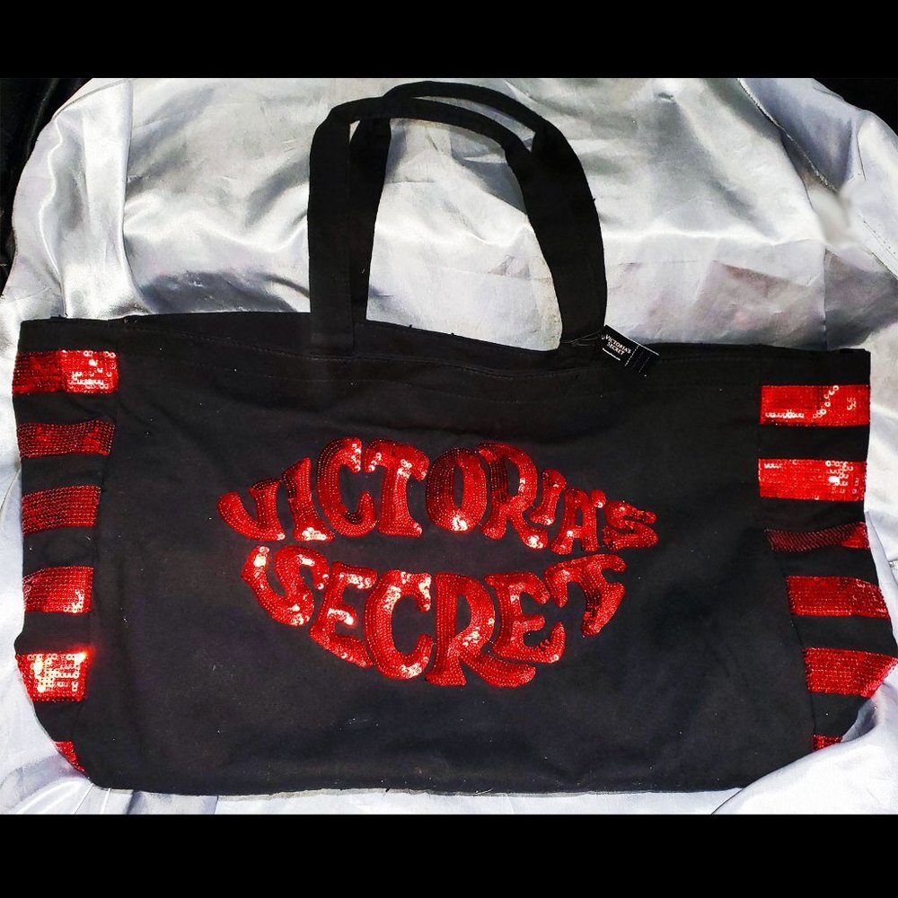 NWT VICTORIA'S SECRET black red sequin logo tote